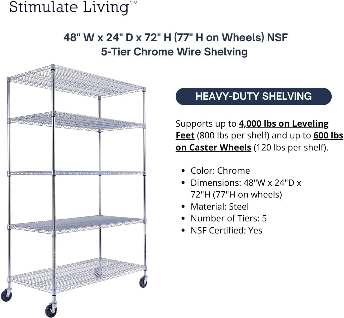 48"x24"x72" Prime Heavy Duty Chrome 5-Tier Steel Wire Shelving NSF 4000 LBS MAX Capacity Storage Rack for Commercial, School, Home, Garage, Warehouse, Industrial, and Hospital Uses (with Wheels)
