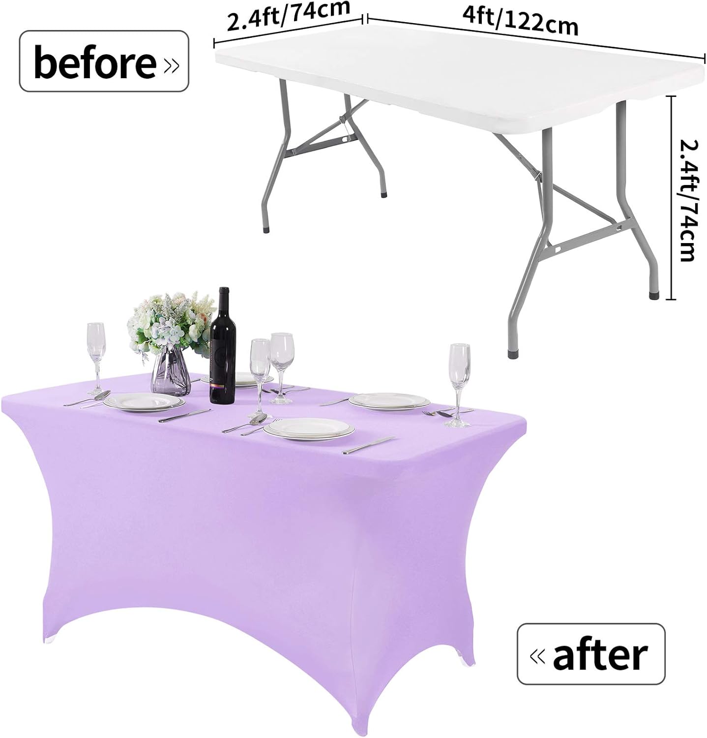 2Pack Spandex Table Cover for 4FT or 6ft or 9ft Table Universal Fitted Stretch Tablecloth for Party, Banquet, Wedding and Events-Lavender