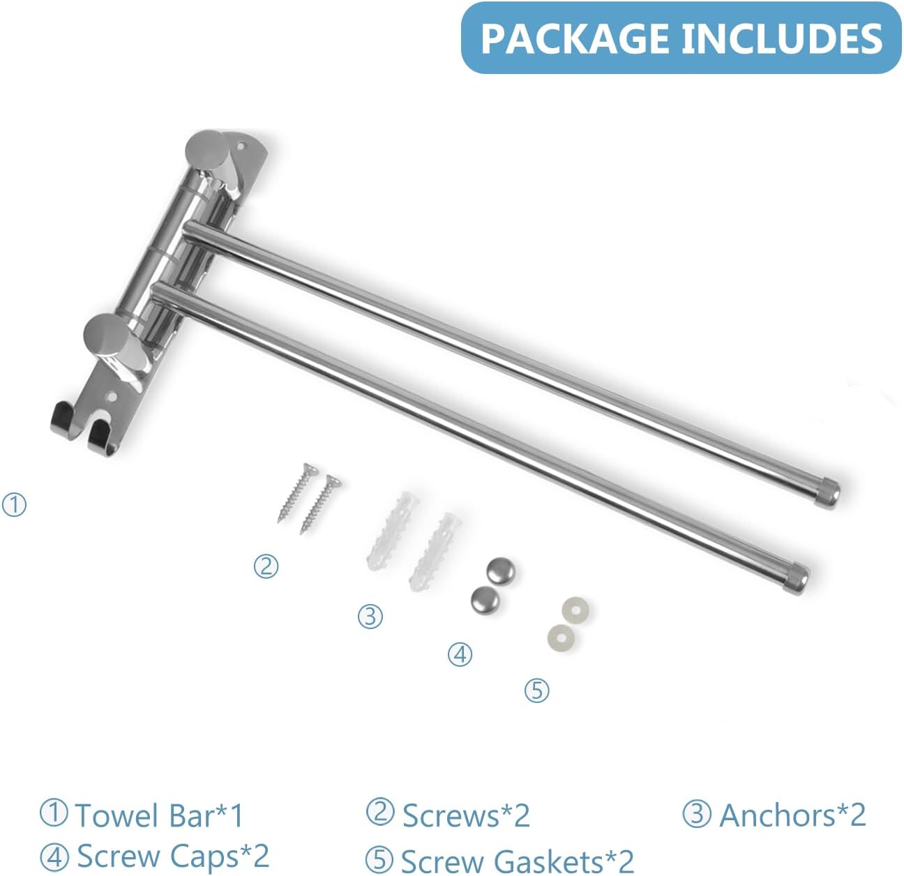 Wall Mounted Towel Rack JSVER 2 Arms Extended Swivel Towel Holder, SUS304 Stainless Steel Towel Racks for Bathroom, Kitchen