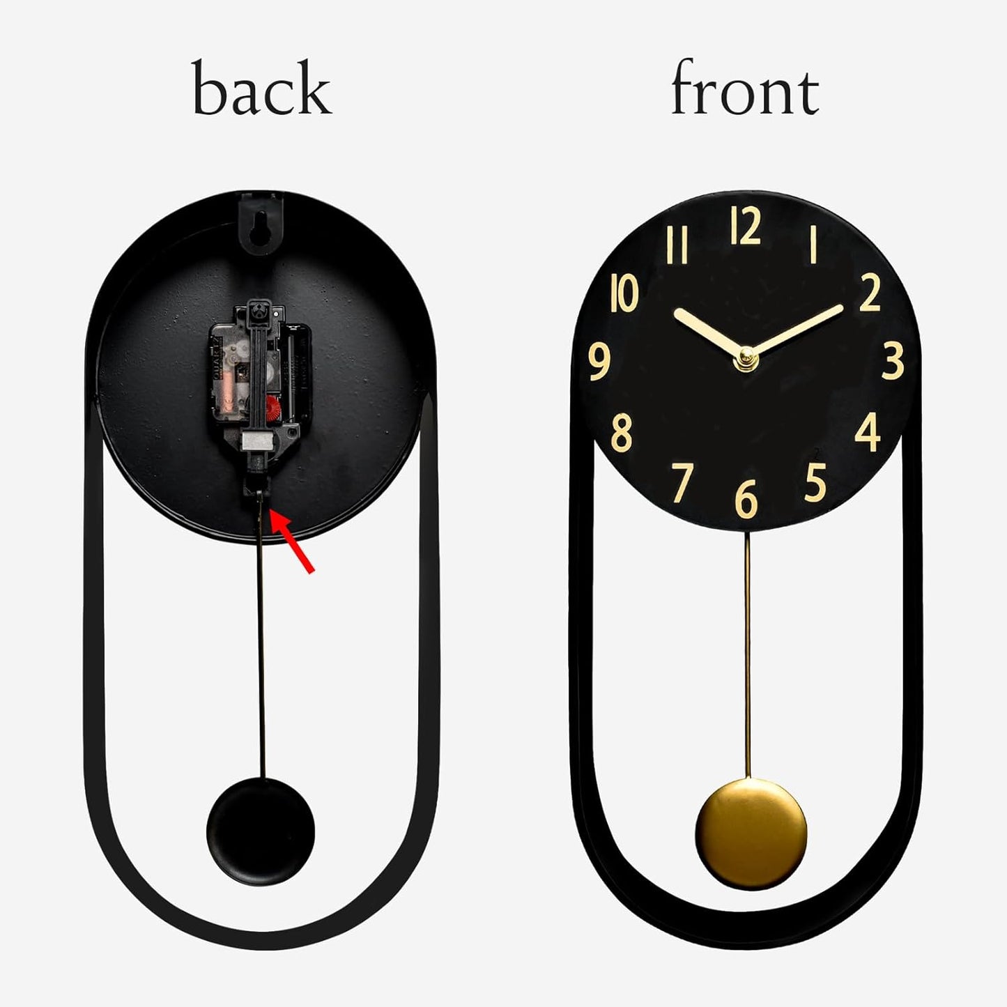 Stylish Minimalist Pendulum Black Wall Clock 8 Inch Modern Decorative Timepiece Silent Gold Pendulum Included Distinctive Metal Frame Design