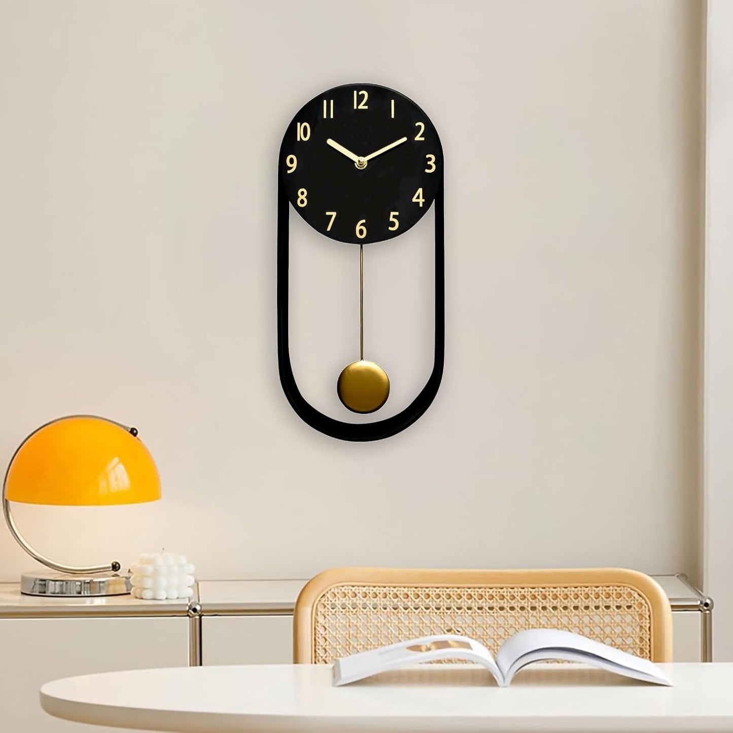 Stylish Minimalist Pendulum Black Wall Clock 8 Inch Modern Decorative Timepiece Silent Gold Pendulum Included Distinctive Metal Frame Design