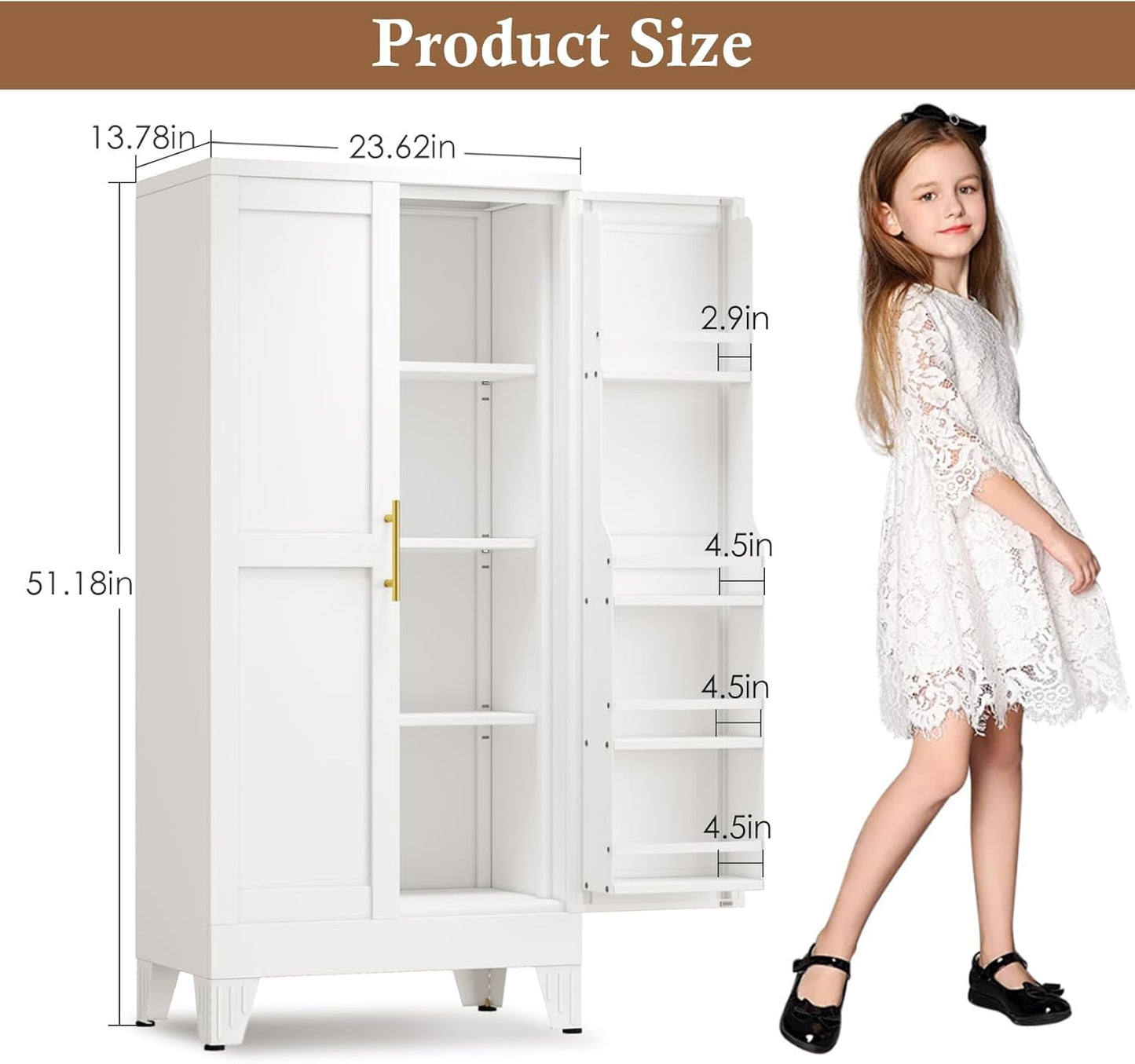 51" Metal Kitchen Pantry Cabinet, Storage Cabinets with 2 Door and 3 Adjustable Shelves, White Freestanding Food Storage Cabinet, Steel Cupboard for Kitchen Dinning Room