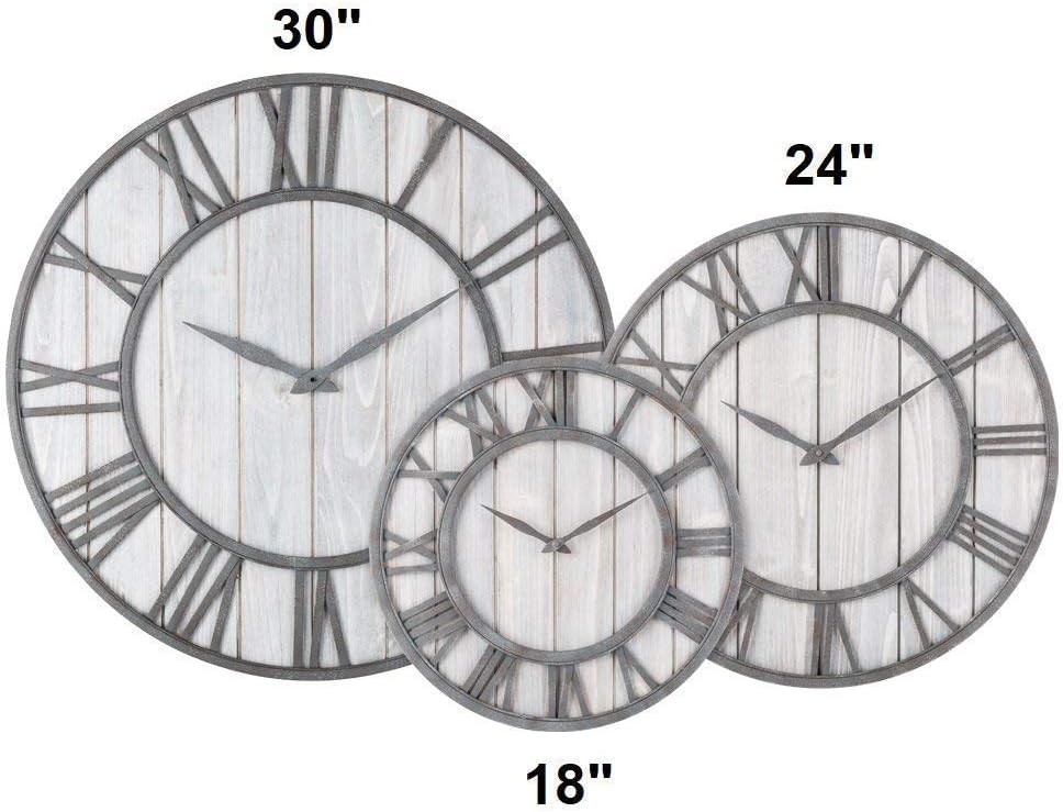 30-inch Farmhouse Metal & Solid Wood Noiseless Wall Clock (Whitewash, 30-inch)