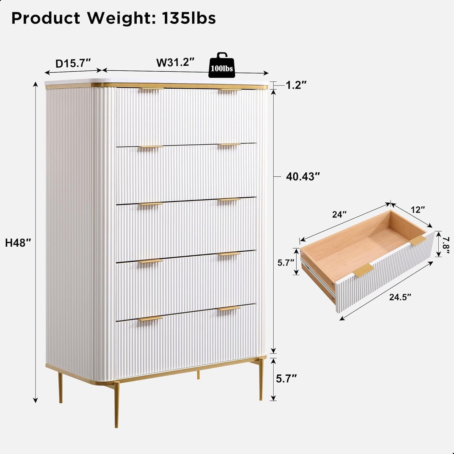 T4TREAM Fluted 5 Drawers Dresser for Bedroom, 48" Tall Modern Dresser Chest of Drawers, Gold Accents, Fluted Fronts, Wood Storage Dressers Organizer for Bedroom, Living Room (Off White)