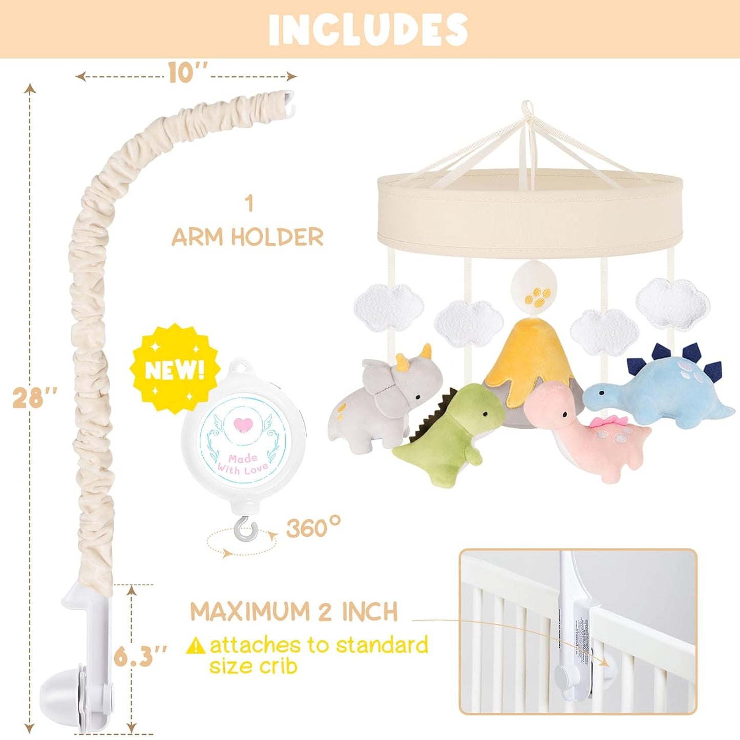 Dinosaur Crib Mobile – Beige Dino Baby Crib Mobile with 3-Mode Music Box, Nursery Mobile with Triceratops, T-Rex, Volcano, Fits Standard Cribs