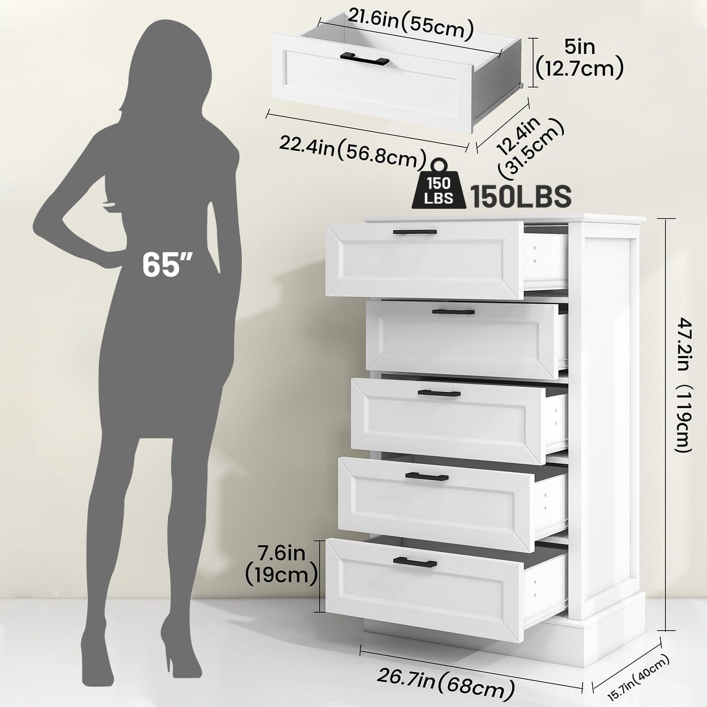 White Dresser for Bedroom, Wood Dresser with 5 Drawers, Chest of Drawer for Bedroom Living Room Entryway Hallway, Modern Farmhouse Style Black Handles 47" Tall