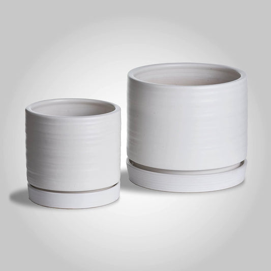 6 + 8 Inch Plant Pots, Ceramic Planter Pot with Drainage Hole & Saucer, Indoor/Outdoor Cylinder Round Planter Pot, Matte White