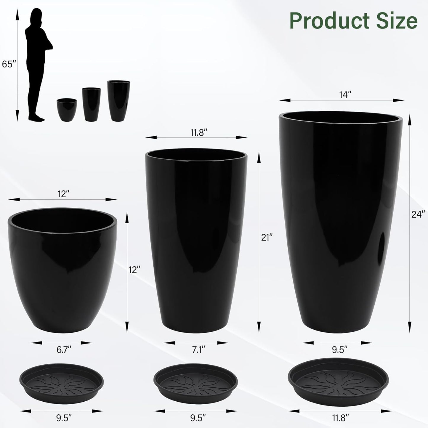 24/21/12 Inch Large Plastic Planter, Lightweight Ceramic-Look Large Flower Pots with Drain Hole & Saucers, Plastic Outdoor Planters for Garden, Patio, Balcony(Brilliant Black)