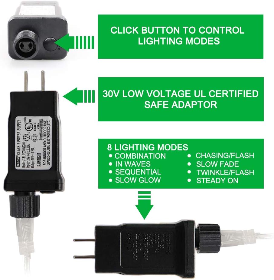 33FT 100 LEDs String Lights Waterproof Fairy Lights 8 Modes with Memory 30V UL Certified Power Supply for Home, Garden, Wedding, Party, Christmas Decoration Indoor Outdoor (Cool White)