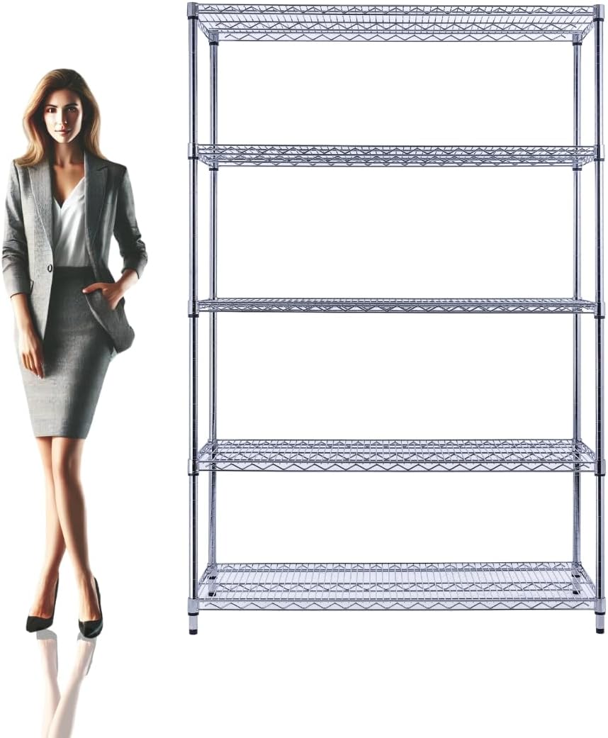 48"x18"x72" Chrome 5-Tier PREMIUM Wire Shelving NSF 4000 LBS MAX CAPACITY Heavy Duty Steel Storage Rack for Warehouses, Garages, Hospitals, Commercial Spaces, & Schools w/PREMIUM WHEELS