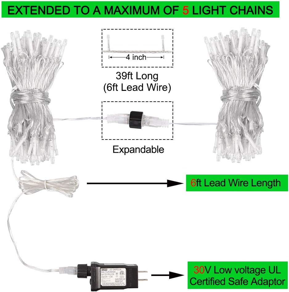 33FT 100 LEDs String Lights Waterproof Fairy Lights 8 Modes with Memory 30V UL Certified Power Supply for Home, Garden, Wedding, Party, Christmas Decoration Indoor Outdoor (Cool White+Blue)
