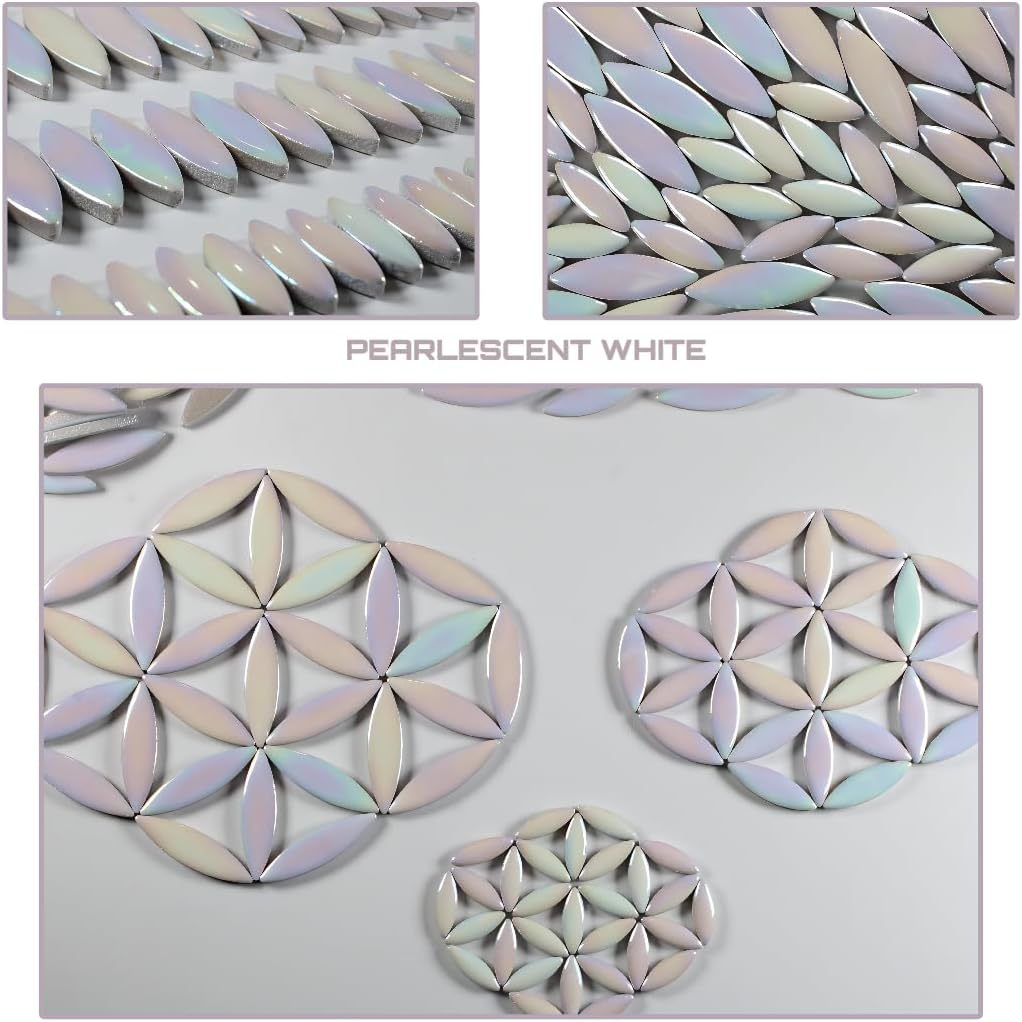 VerzTile Mosaic Tiles for Crafts - Petal Shaped Ceramic Tile Craft Hobbies & Art Projects 39 Color Options Endless Creativity DIY Design (Pearlescent White)
