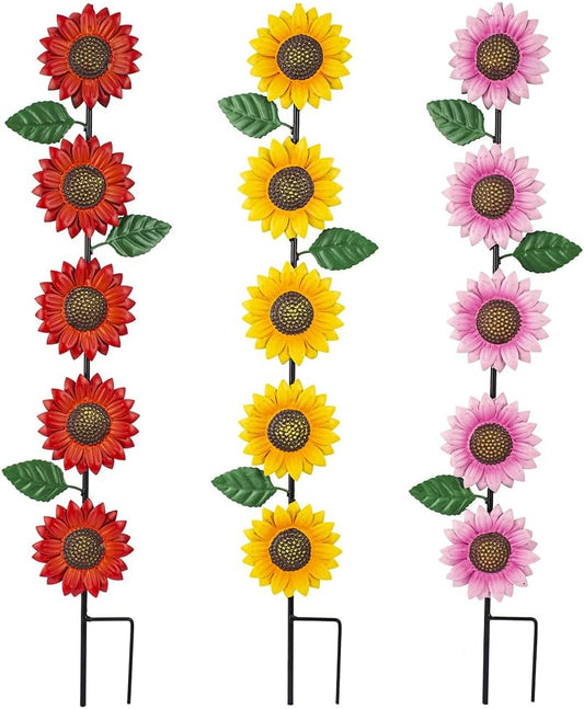 3 Pack Sunflowers Garden Stakes Decor,Metal Yard Art Decorative Garden Stakes,Metal Flowers Spring Garden Decor for Outside,Landscape,Patio(22.6 * 4.7IN)
