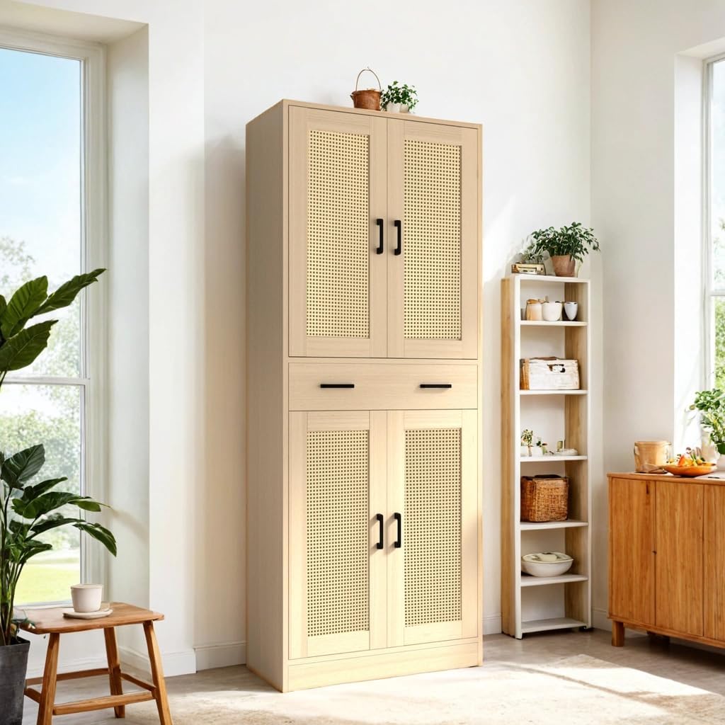 71" Tall Oak & Rattan Pantry Cabinet - Boho Chic Kitchen Storage with Doors & Drawer for Dining Room, Hallway or Kitchen Organization