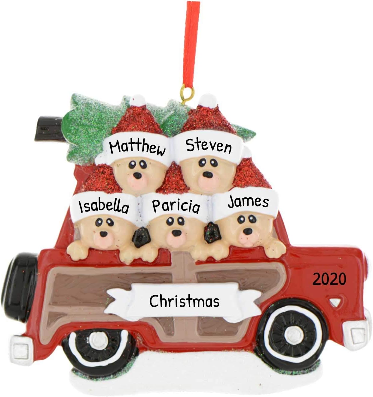 3D Road Trip Bears Family of 5 Ornament 2025 Personalized Family Christmas Ornaments 2025 | Snowy Tree Red Truck Personalized Tree Ornaments for Grandchildren, Siblings & Grandkids of Five Ornament