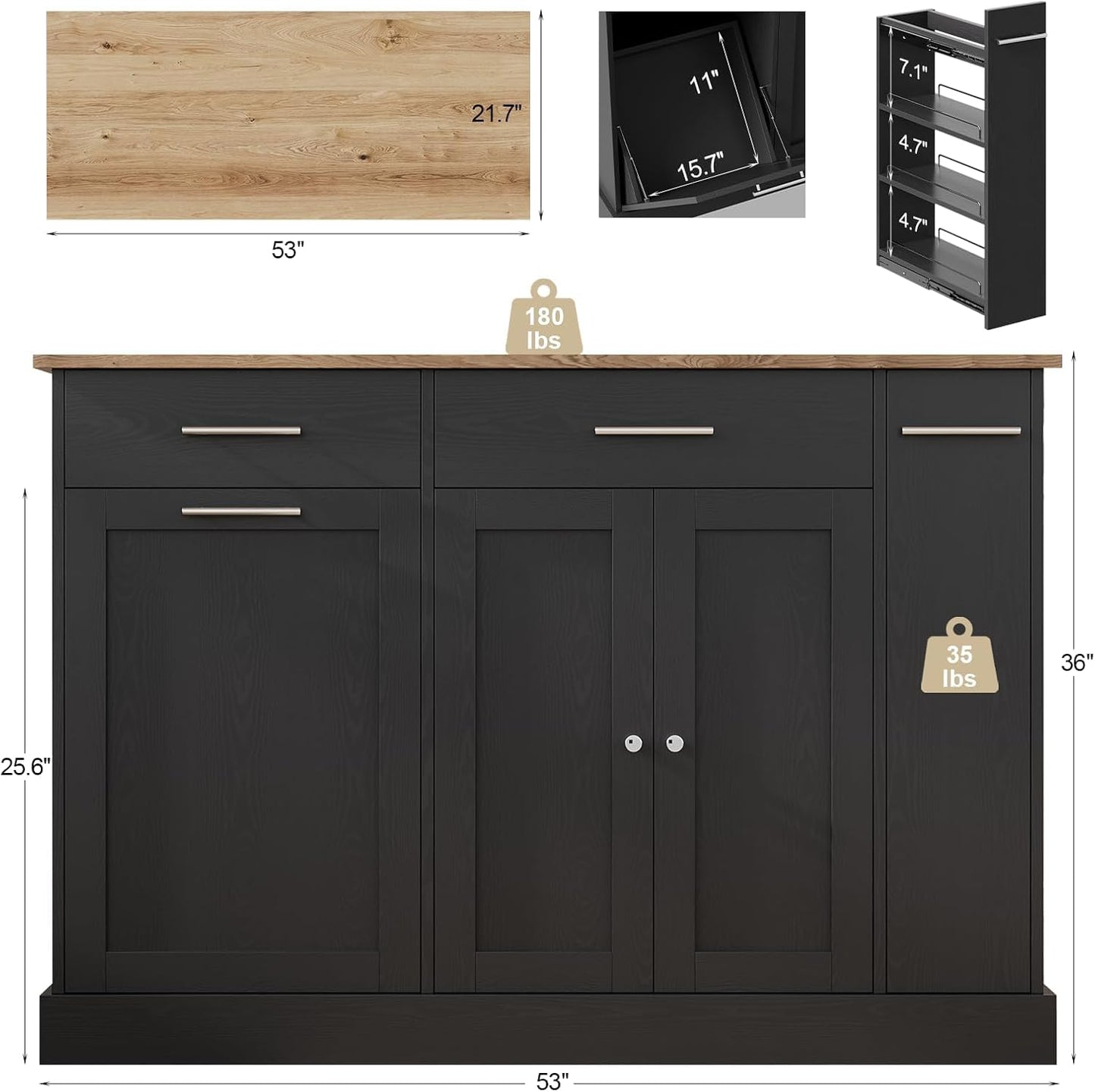 4 EVER WINNER Kichen Island with Storage,Rolling Kitchen Island Cart on Wheels,Mobile Island with Wooden Countertop for Kitchen,Black