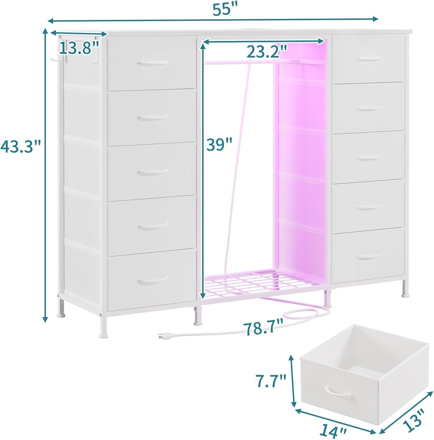 LUMTOK 55" W 2-in-1 Dresser with Hanging Rack, 10 Drawers Dresser for Bedroom, White Drawer Dressers with LED Lights, Charging Station and Hanging Racks for Bedroom