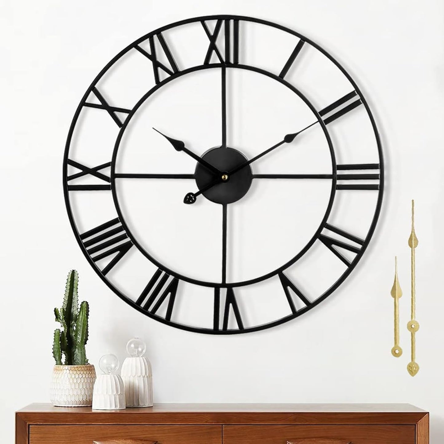 Silent Non-Ticking Decorative Large 24 Inch Metal Vintage Retro Roman Numerals Wall Clock, Battery Operated for Living Room, Bedroom, Kitchen, Office, Cafe Farmhouse Decor