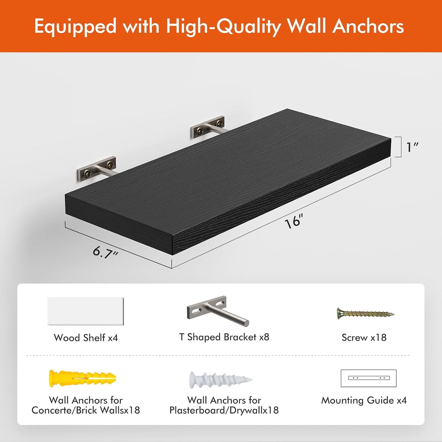 16’’Black Floating Shelves for Wall Set of 4,Rustic Wood Shelf for Room Decor/Storage/Display,Small Bookshelf,Wall Mounted Hanging Shelves for Bedroom, Bathroom, Living Room, Kitchen