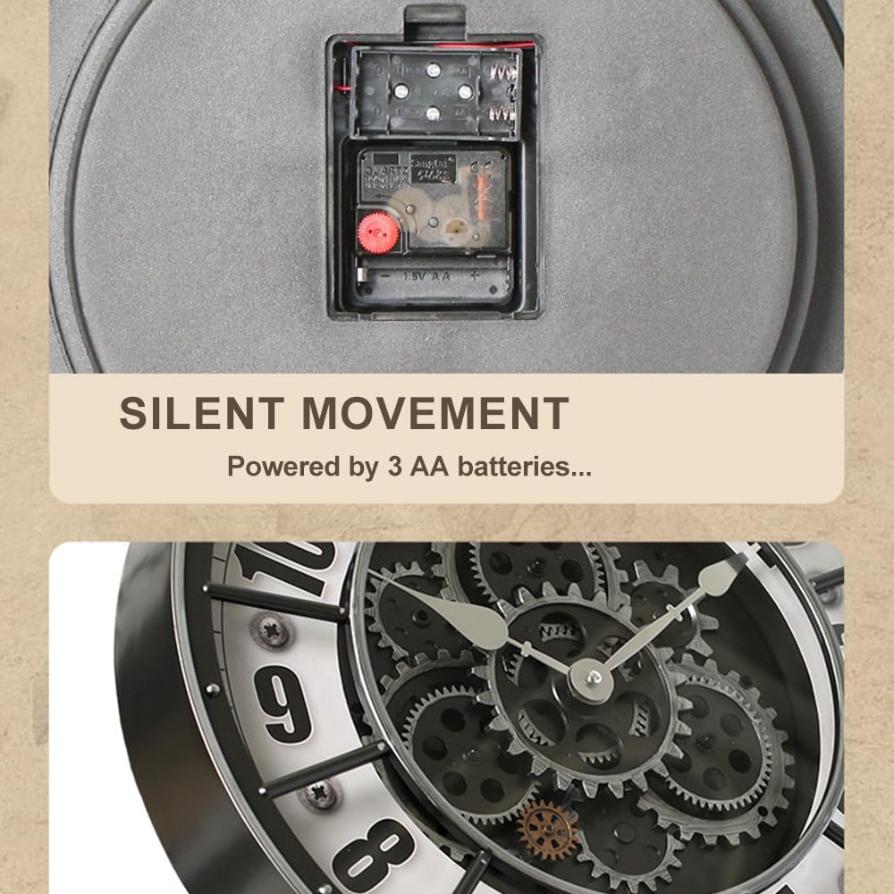 18 Inch Wall Clock with Moving Gears, Oversized Large Industrial Steampunk Decoration, Antique Metal Big Numeral Wall Clocks for Kitchen Study Room Living Room Decor (World Map Classical Gold)