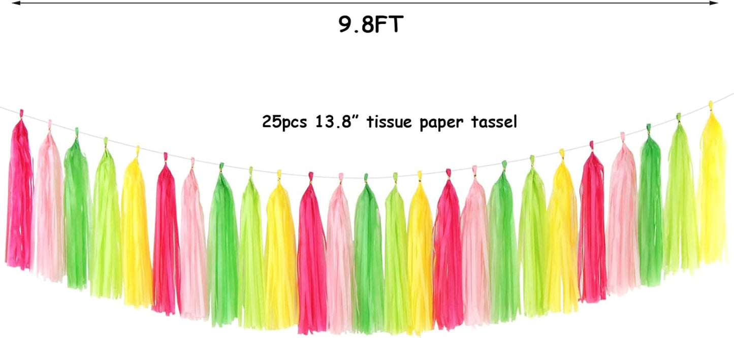 Hawaiian-Themed Pool Party-Decorations Tassel Garland - 25pcs Tropical Jungle Aloha Birthday Streamers,Pink Rose Yellow Green Summer Beach Baby Shower Tassels Banner Backdrop Decor Panduola