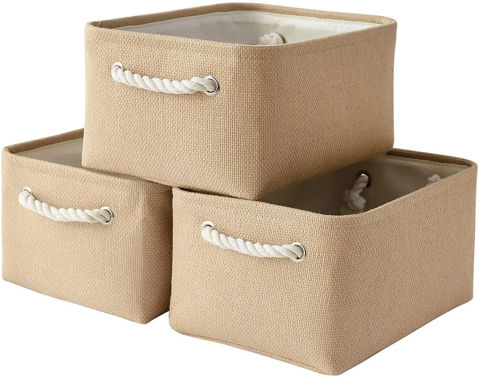 TheWarmHome Storage Bins for Shelves - Medium 3Pack 13.8L*9.8W*6.7H inch Canves Storage Basket for Organizing, Fabric Storage with Handles for Clothes Baby Dog Toys(Beige)