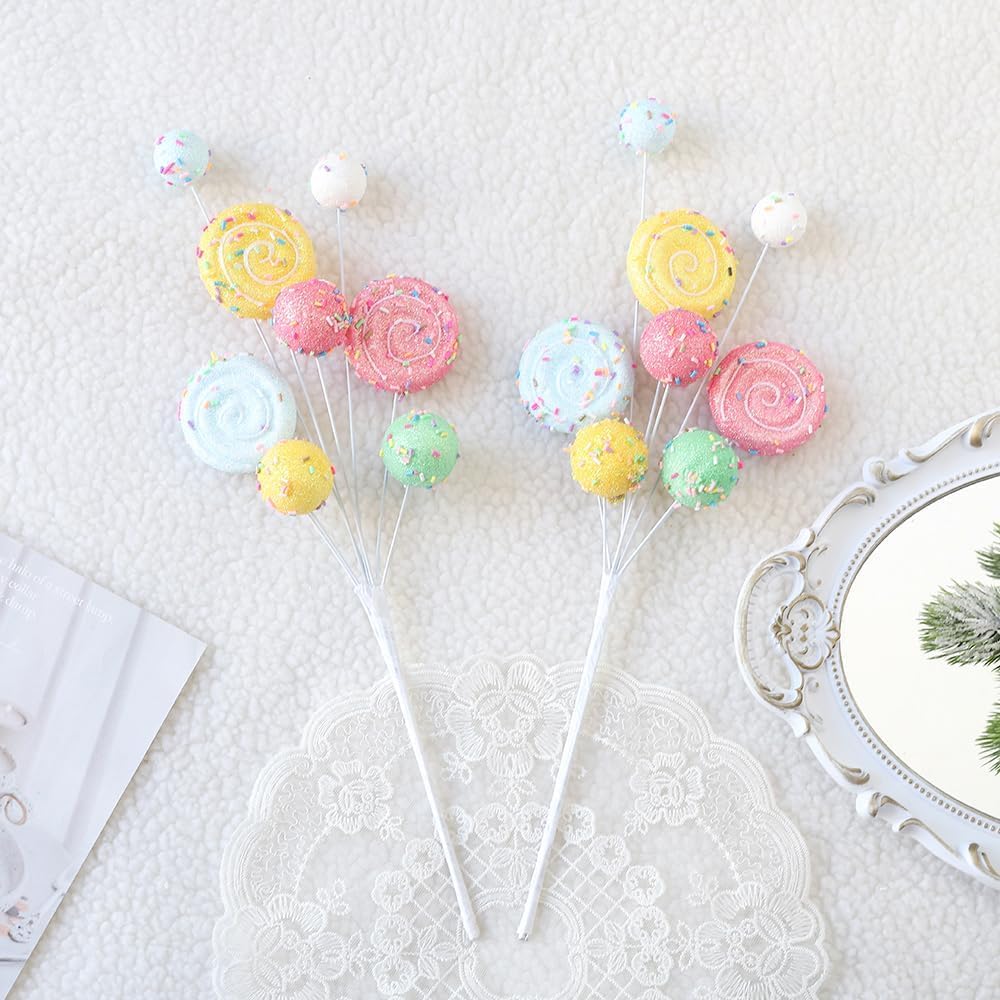 2Pcs Christmas Tree Picks Branch Decorations Macaron Topper Ornaments Candy Spray Picks Twigs Stems for Xmas Wreath Decoration New Year Party