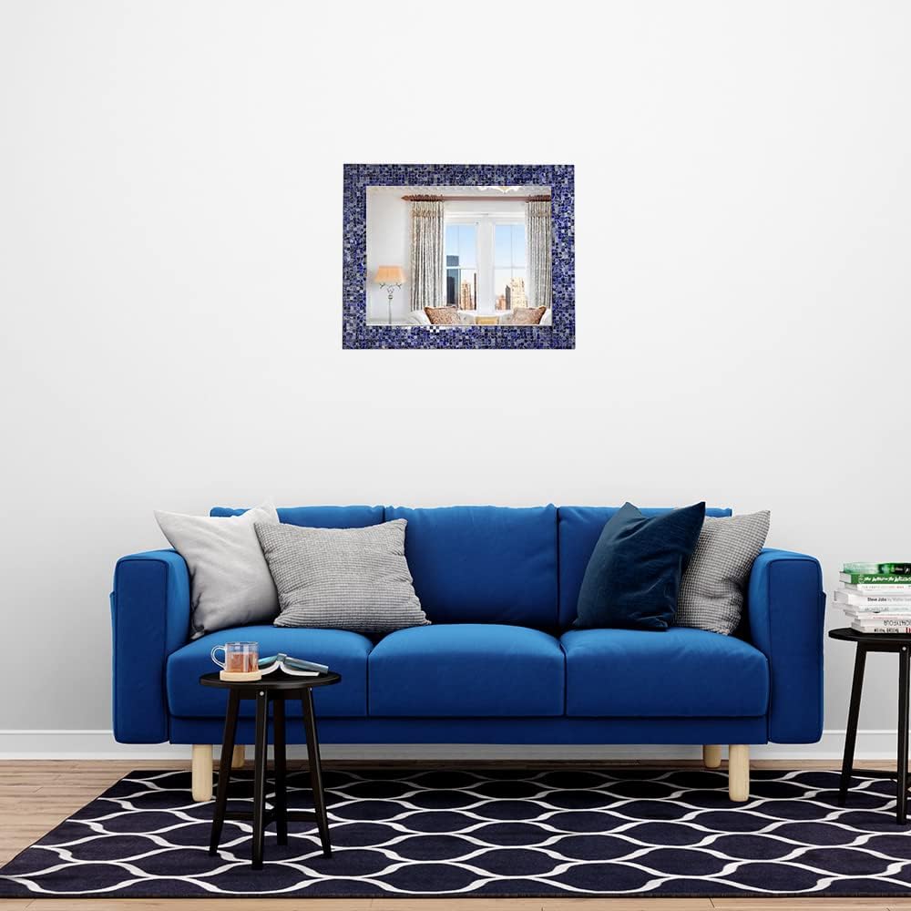 30" x 24" Glass Mosaic Framed Decorative Wall Mirror, Handmade Eclectic Accent Mirror, Unique Vanity Mirror (Lapis Blue)