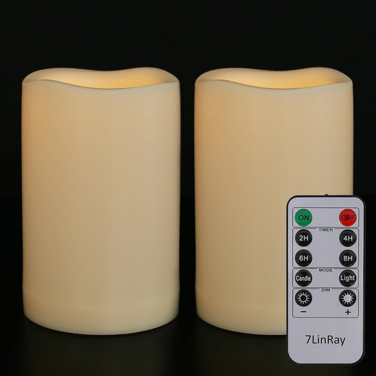 2 Pack 4" x 6" Waterproof Outdoor Flameless Candles with Remote and Timer, Battery Operated Flickering LED Flameless Pillar Candles for Lantern, Porch, Ivory, Plastic
