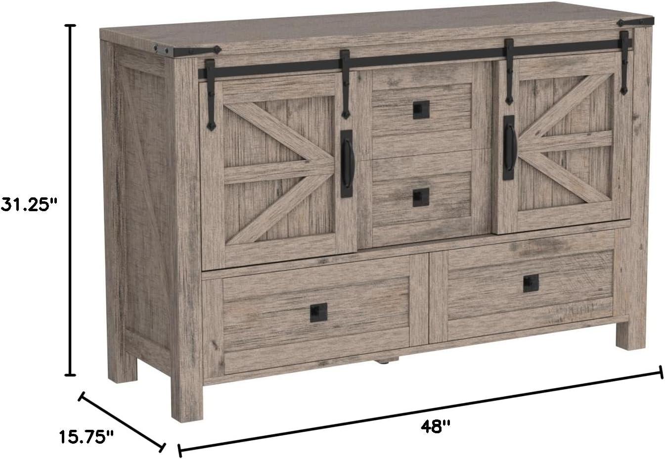 T4TREAM 48'' Farmhouse Dresser for Bedroom w/4 Drawers & Sliding Barn Doors, Tall Chest of Drawers, Rustic Dresser TV Stand w/Shelf, Organizer for Bedroom, Living Room, Foyer,Light Rustic Oak