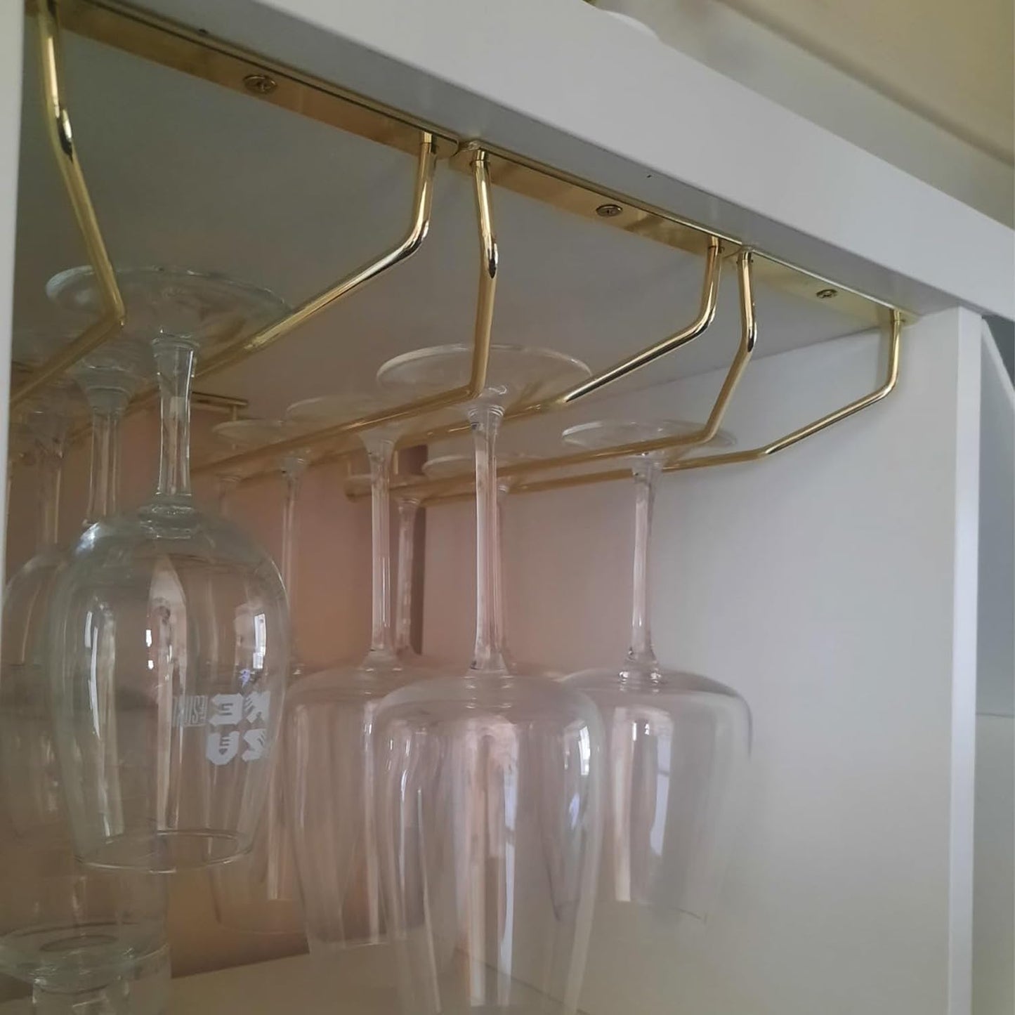 10.8 Inch Gold Wine Glass Rack, Under Cabinet Wine Glass Holder, Wine Glass Hangers Under Shelf, Stemware Rack, Hanging Stemware Holder for Cabinet Kitchen Bar, Set of 4