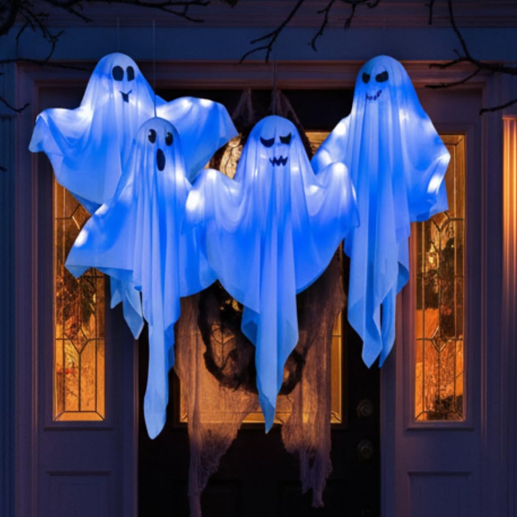 4 Pack Halloween Hanging Ghost Decorations, 27.5" Light Up Spooky Floating Ghosts with LED Glow, Waterproof Outdoor & Indoor Haunted House, Porch, Yard, Garden Party Decor