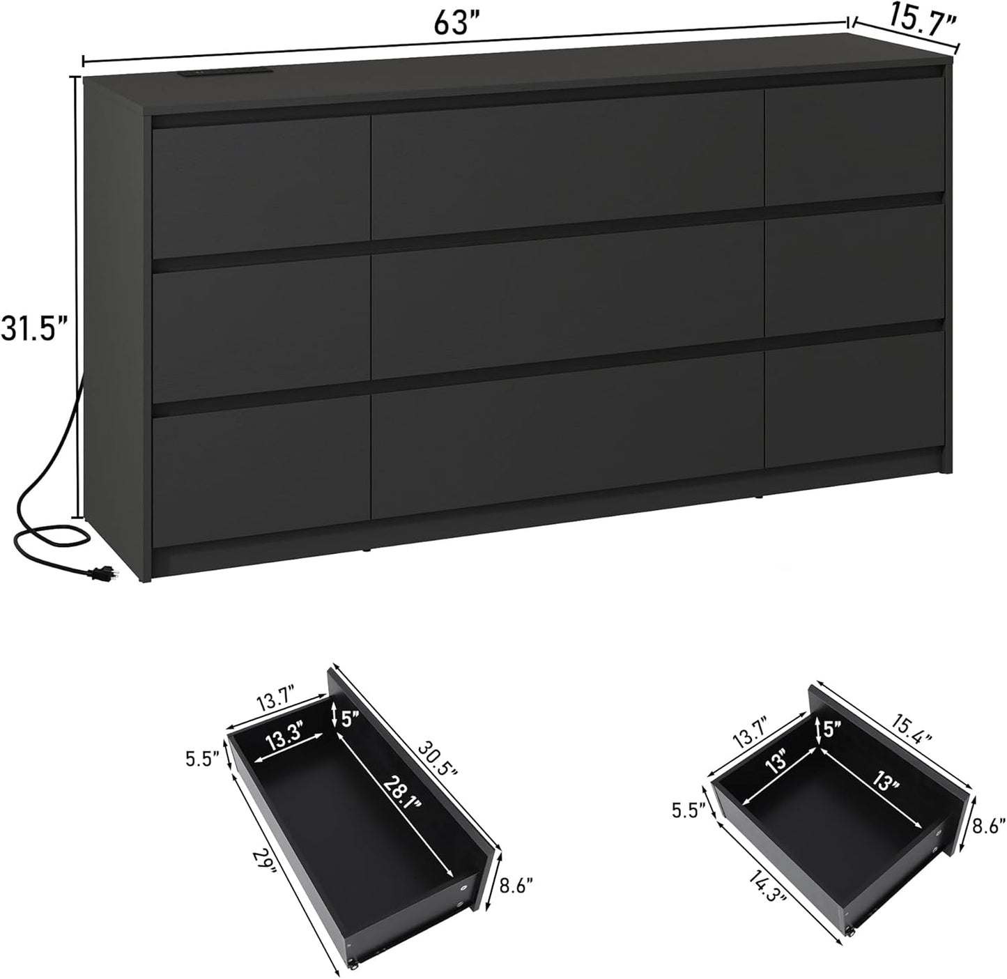 Black malm Dresser for Bedroom, 63 Inch Long 9 Drawers Dresser with Charging Station, Modern Large Wood Chest of Drawers Handle Free for Bedroom, Living Room, Entryway, Hallway, Black