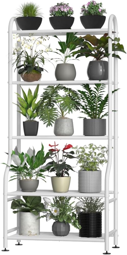 5-Tier Metal Plant Stand Indoor Outdoor, Waterproof Flower Stand for Multiple Pots, Heavy Duty Plant Stands for Living Room Patio Garden Decor, Tall Plant Shelf with Leveling Feet, White