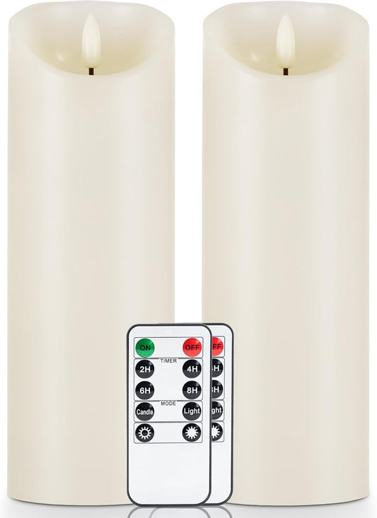 5plots 9" x 3" Flickering Flameless Candles - Battery Operated Wax LED Candles - Amber Yellow Light with Remote and Timers Set of 2, Ivory, for Home Decor, Candle Sconces
