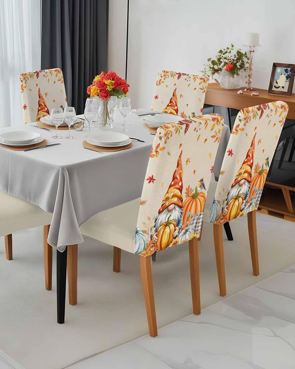 6 Pcs Dining Chair Covers Stretch Spandex Slipcovers Farm Thanksgiving Gnome Pumpkin Removable Washable Dining Room Seat Cover Cushion Protector for Home Hotel Banquet Decor Fall Maple Leaves Linen