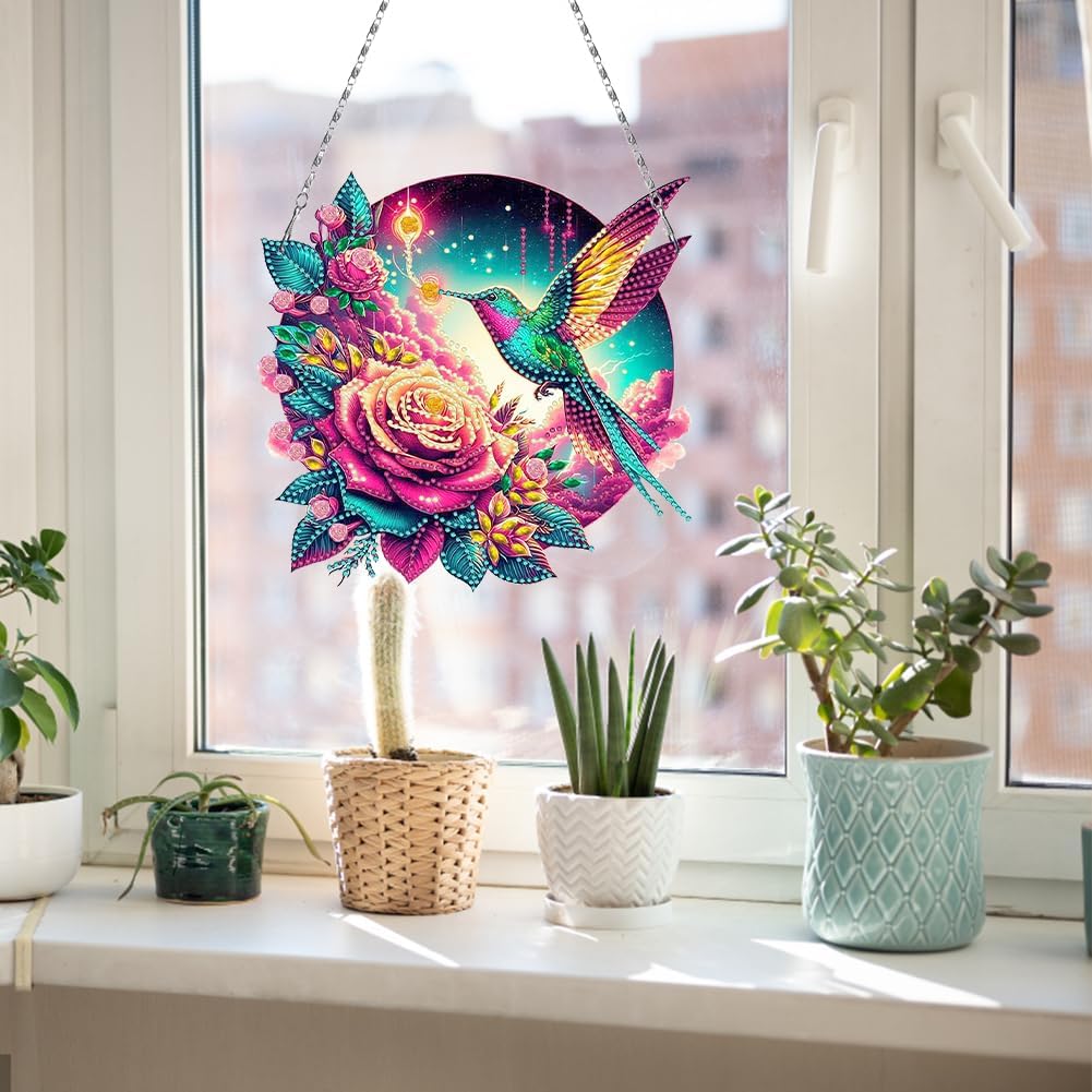 Flowers Hummingbird Diamond Art Kits,5D Diamond Hanging Ornament Kits,DIY Special Shaped Diamond Dot Kits,Home Porch Crystal Hanging Pendant Ornament (Colorful1)