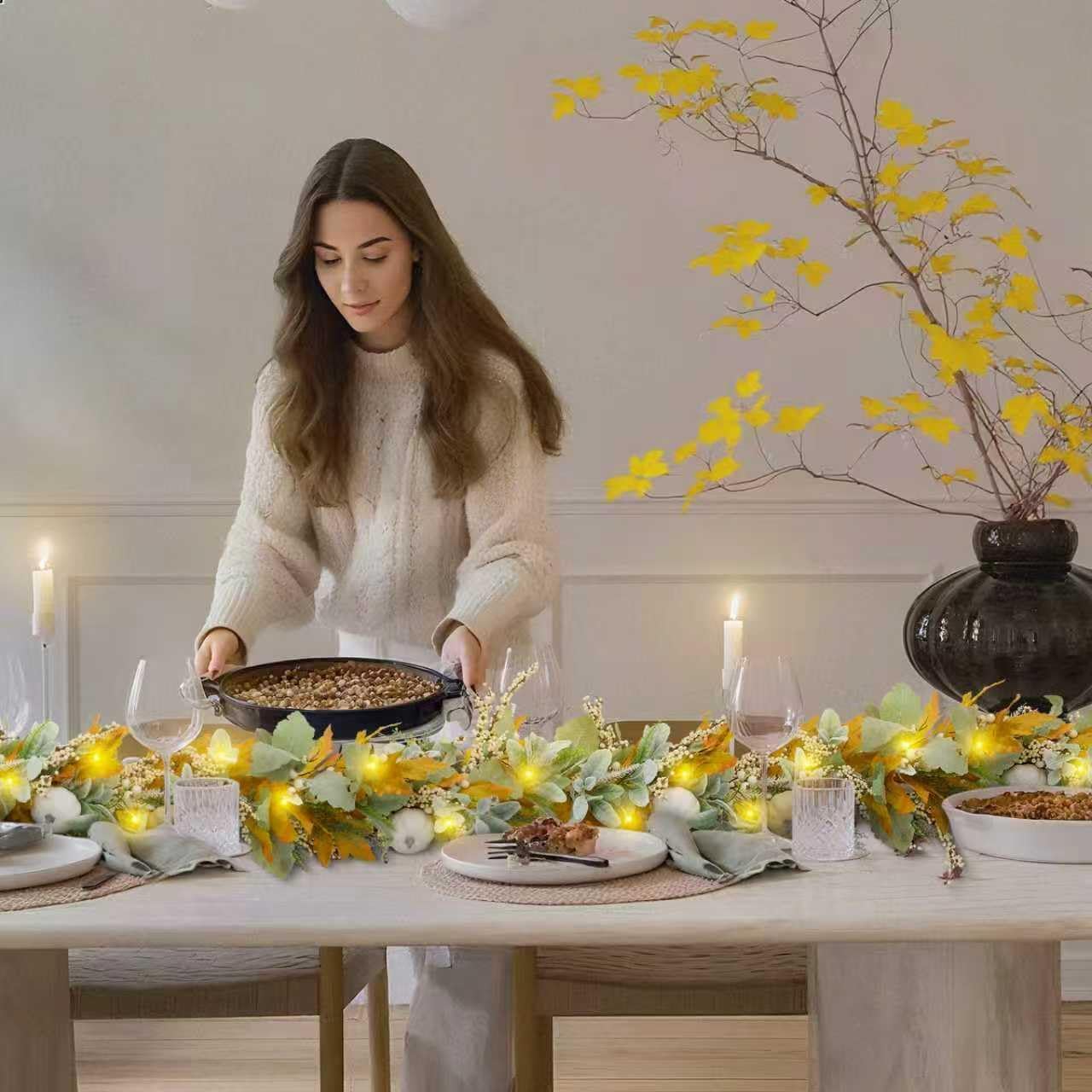 Fall Mantel Garland Decor for Home - 6 Ft Autumn Leaves Table Garlands with Lights Decorations for Thanksgiving and Halloween Leaf Centerpieces for Bedroom Tables Stair Porch Outdoor Farmhouse