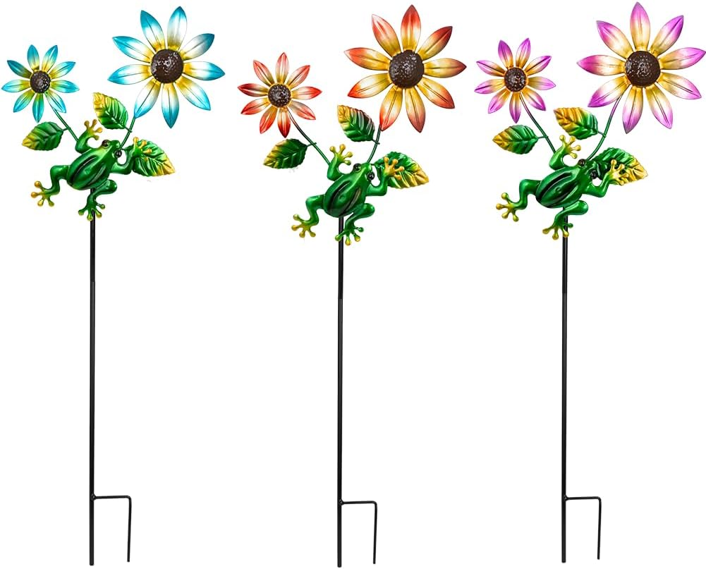 3 Pack Frog＆Flowers Garden Stakes Decor,Metal Yard Art Decorative Garden Stakes,Metal Flowers Spring Outdoor Decor for Mom,Women,Grandma
