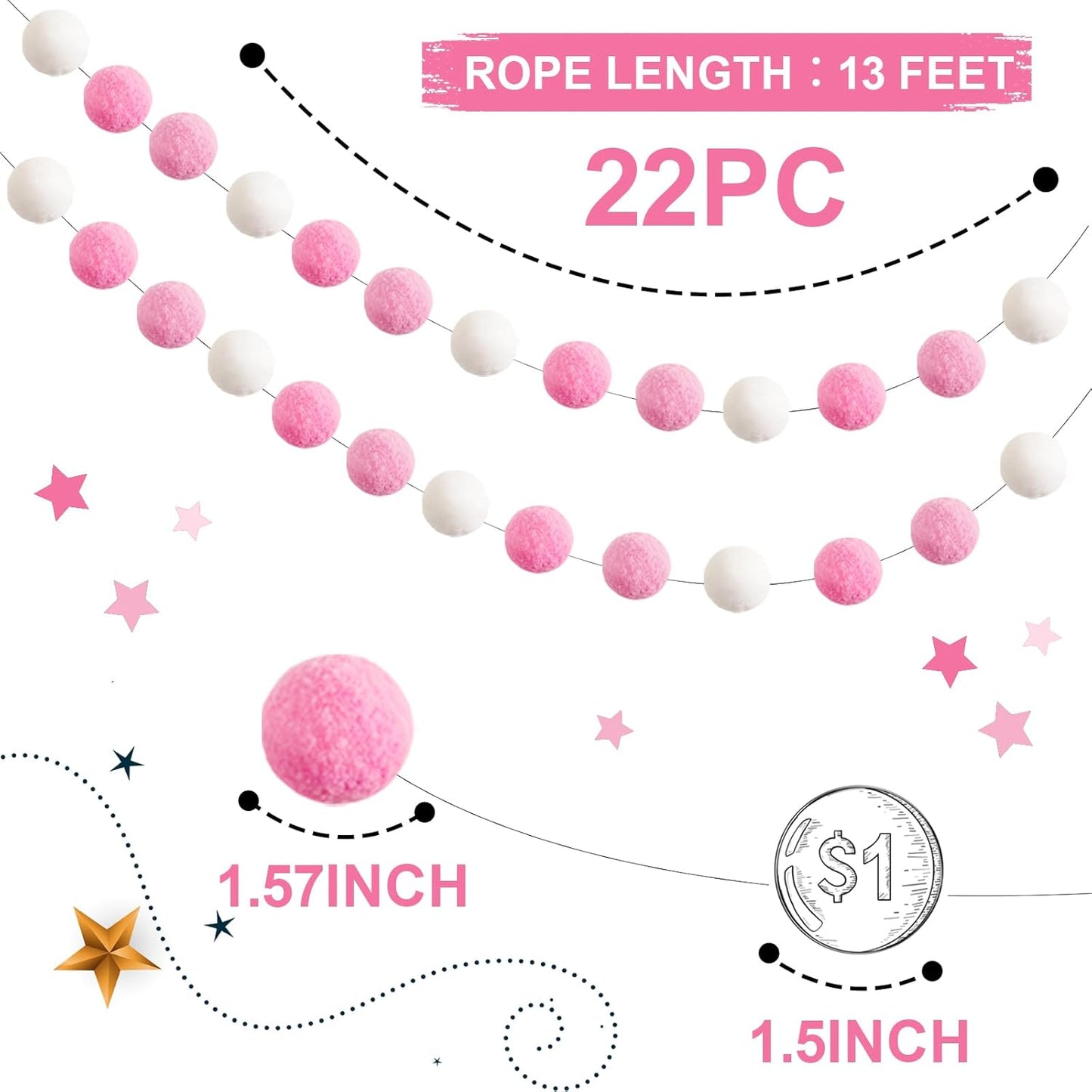 TBD Decor 2pk Pink Pom Pom Garland 13FT 4cm Large Felt Ball Garland Shower Decorationsfor Mantle,Indoor Holiday Wedding Birthday Gender Reveal Party Supplies