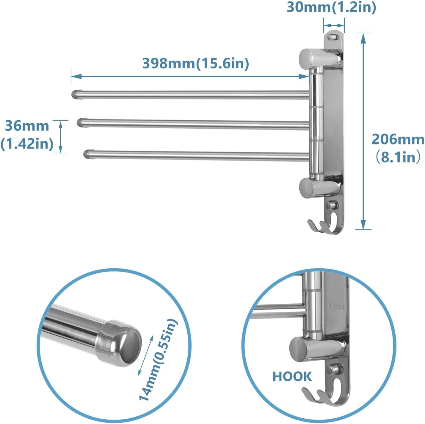 Bathroom Towel Rack JSVER 3 Arms Extended Towel Holder, Swivel Towel Bar, SUS304 Stainless Steel Space Saving Towel Racks for Bathroom, Kitchen