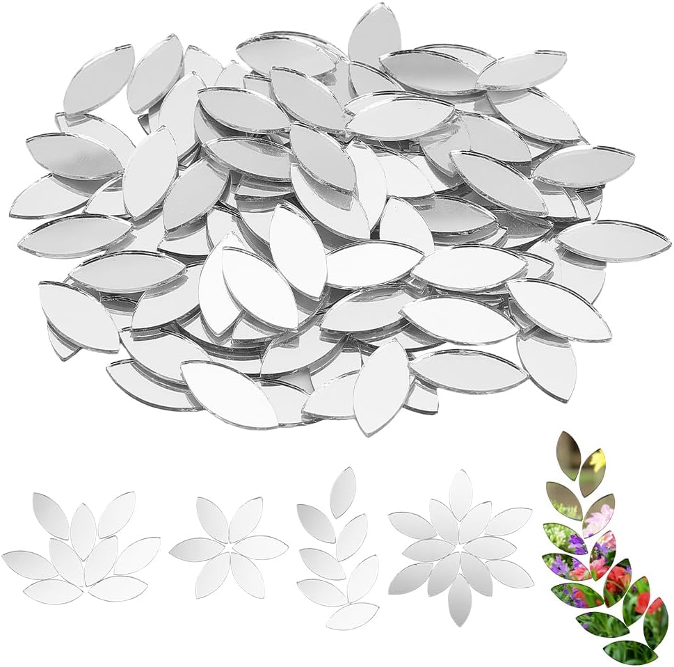 OLYCRAFT 150pcs Leaf Shape Craft Mirrors Mosaic Tiles 11x25mm Petal Mini Glass Mirror Tiles Leaf Cabochons Flower Leaves for DIY Crafts Art Wall Door Home Decorations