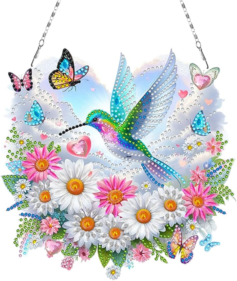 Flowers Hummingbird Diamond Art Kits,5D Diamond Hanging Ornament Kits,DIY Special Shaped Diamond Dot Kits,Home Porch Crystal Hanging Pendant Ornament (Colorful4)