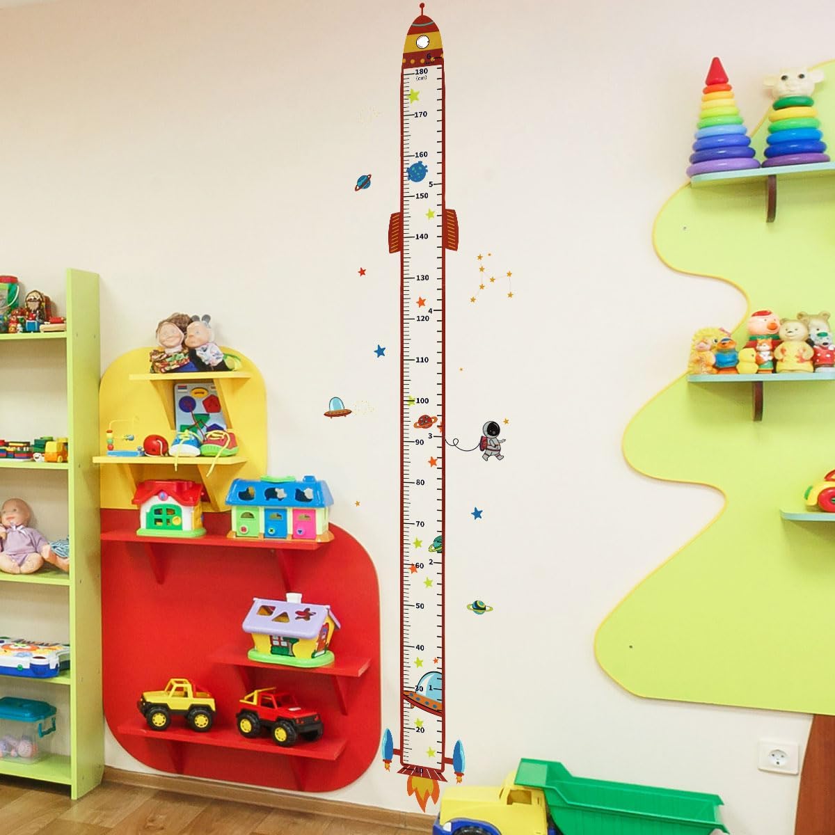 Rocket Self-adheve Vinyl Nursery Wall Decal Baby Growth Chart Sticker for Bedroom Play Room Peel and Stick Kindergarten Height Measure Mural