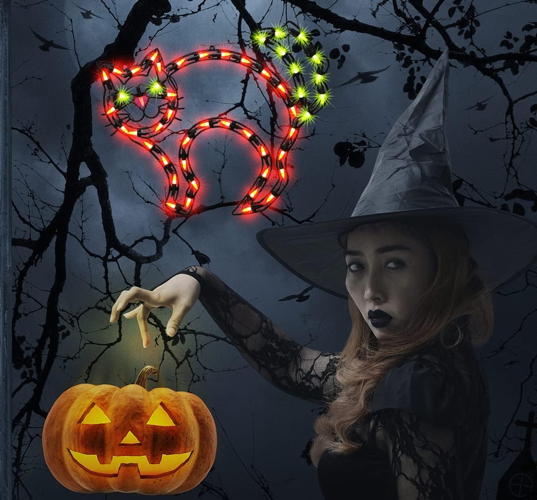 17" Lighted CAT Halloween Window Silhouette Decoration,Halloween Lighted Window Decoration,Hanging Light Up Holiday Ornament,Cat Light