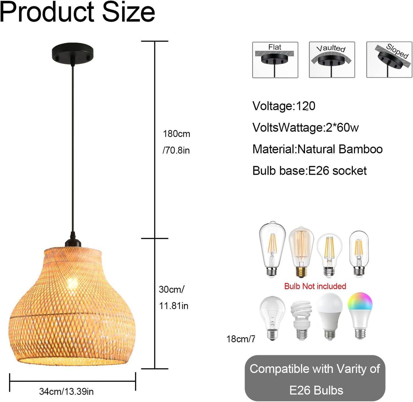 Bamboo Pendant Light 13.39" Hand Woven Rattan Pendant Light,1-Light Bamboo Rattan Ceiling Hanging Light,for Living Room Kitchen Dining Room Farmhouse