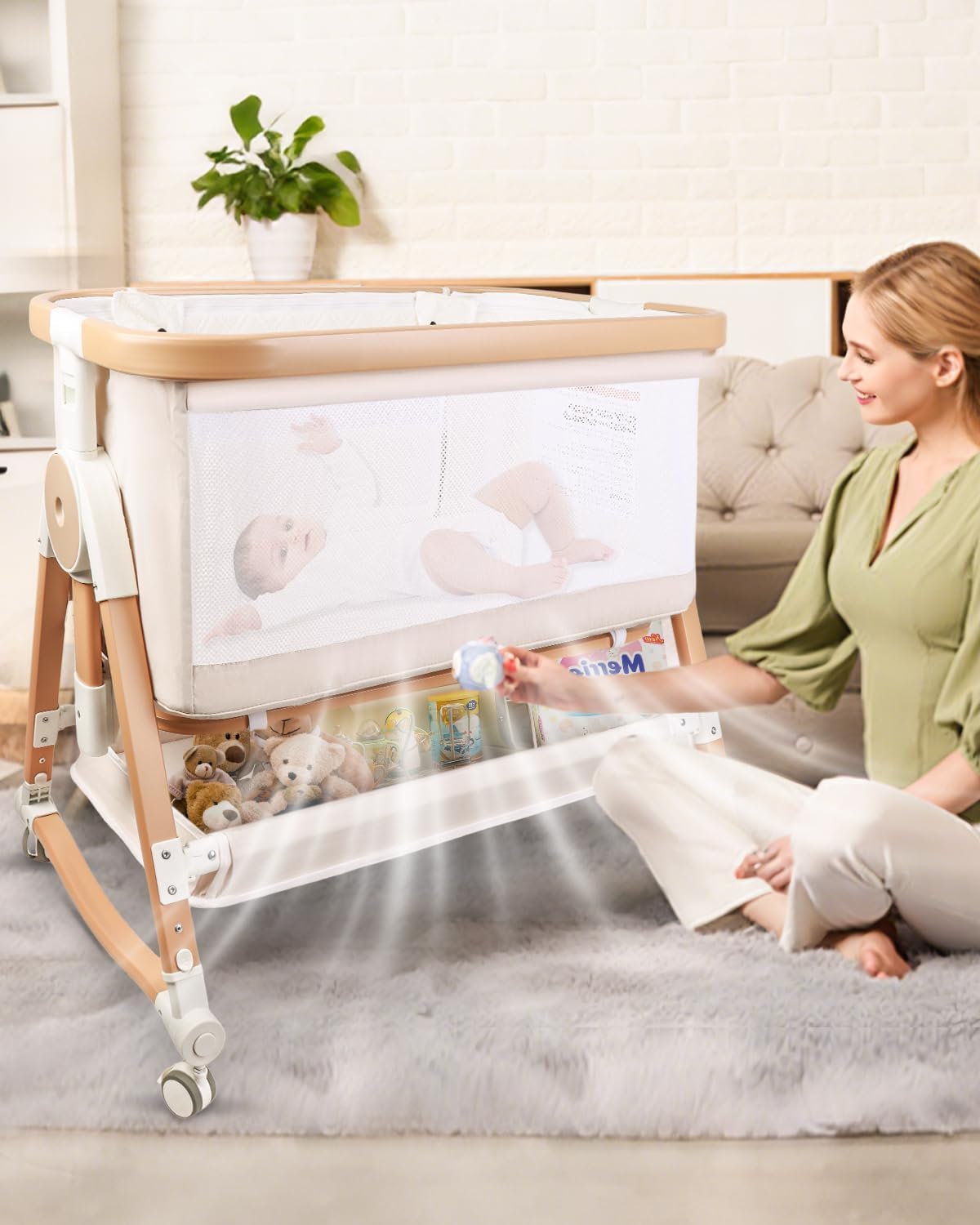 4 in 1 Baby Bassinet, Bassinets Bedside Sleeper with Wheels and Storage Basket, Adjustable 7 Heights Bedside Sleeper with Mosquito Net, Breathable Mesh Rocking Bassinet for Baby