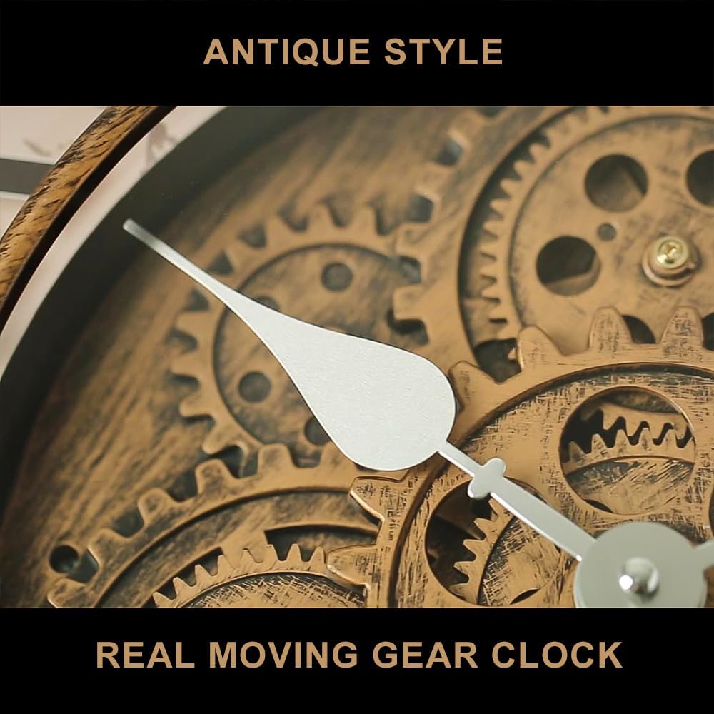 18 Inch Wall Clock with Moving Gears, Oversized Large Industrial Steampunk Decoration, Antique Metal Big Numeral Wall Clocks for Kitchen Study Room Living Room Decor (Matt Metal Silver-Black)