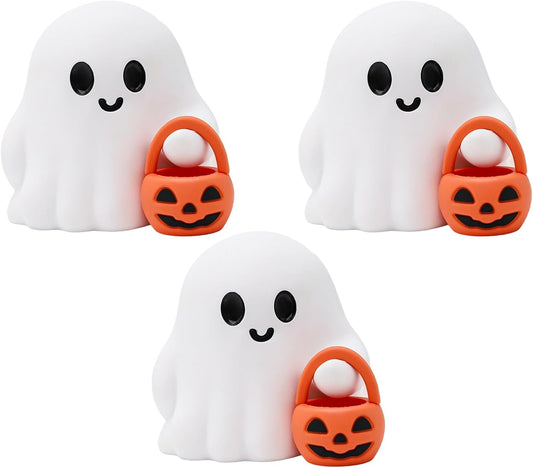 3 Pcs Halloween Ghost Figurine Ghost Resin Halloween Statue Cute Spooky Carrying Pumpkin Basket Designs Spooky Desk Display Ornament for Home and Office Tabletop Art Decoration