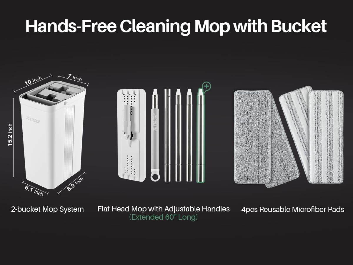 JOYMOOP Mop and Bucket Set with Wringer, Flat Mops for Floor Cleaning, Wall Mop Cleaner with Long Handle, Hardwood Floor Mop with 4 Microfiber Pads